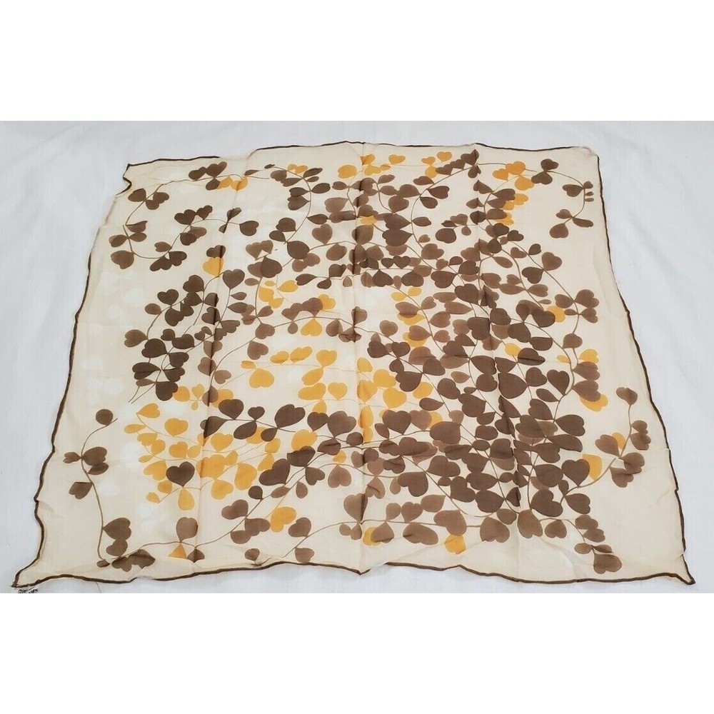 Vtg TRIPLE SHEER Scarf Tan Brown Mustard Yellow Vines Leaf Chiffon Rayon Square